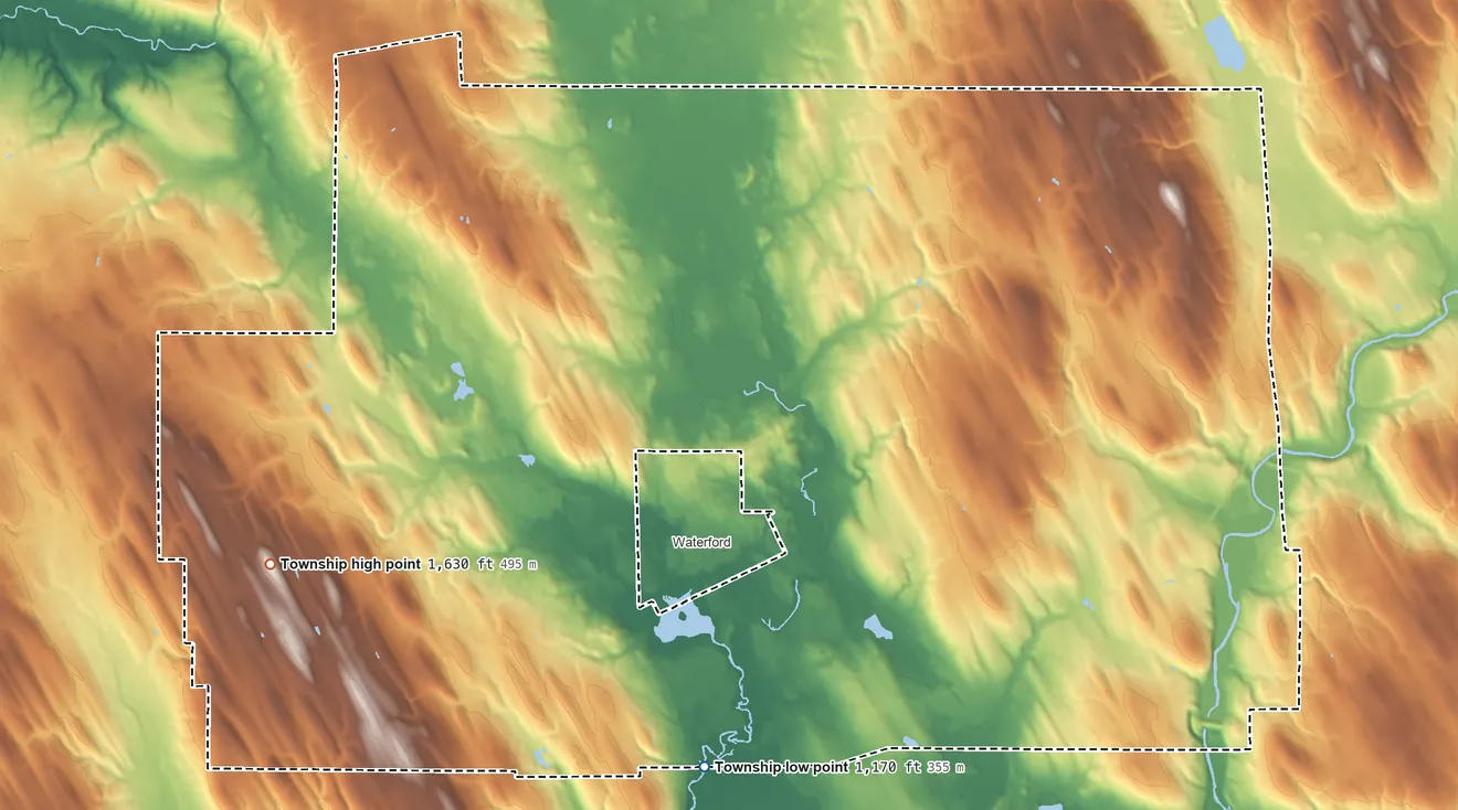Topographic elevation map of Waterford Township, Pennsylvania, shaded from 1,170 ft on the south side to 1,630 ft on the west side