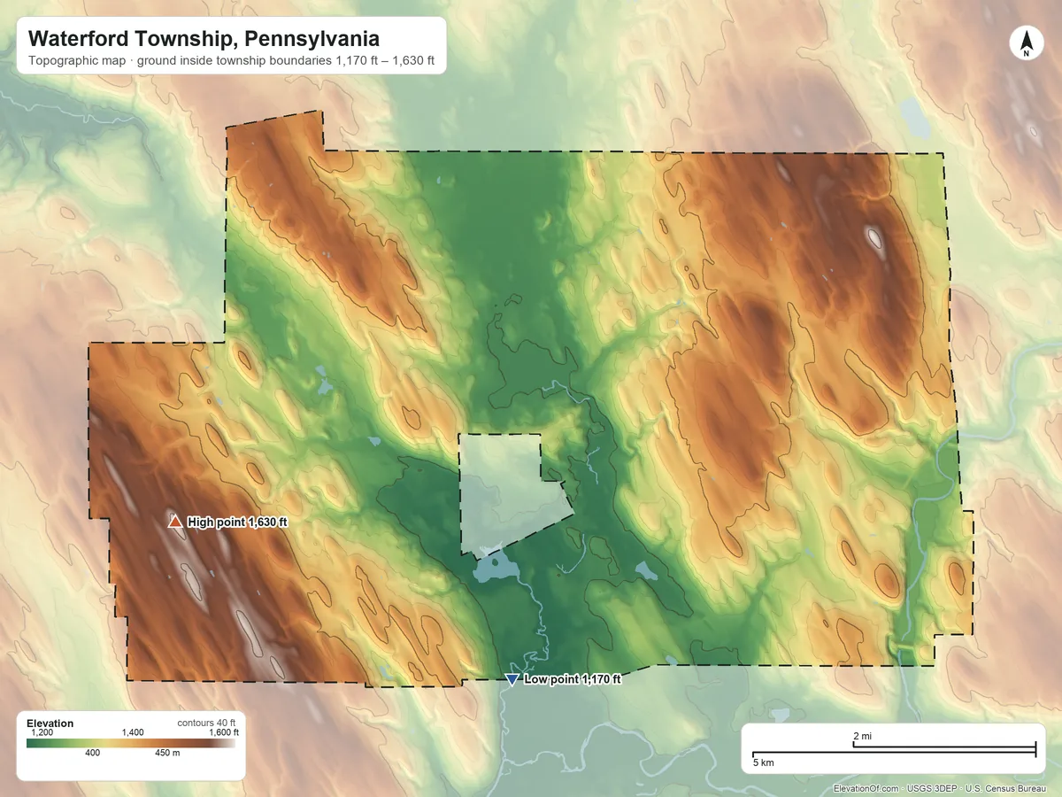 Topographic elevation map of Waterford Township, Pennsylvania, shaded from 1,170 ft on the south side to 1,630 ft on the west side