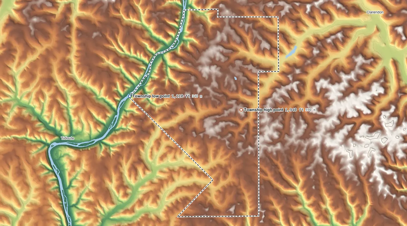 Topographic elevation map of Watson Township, Warren County, Pennsylvania, shaded from 1,110 ft on the west side to 1,940 ft on the southeast side