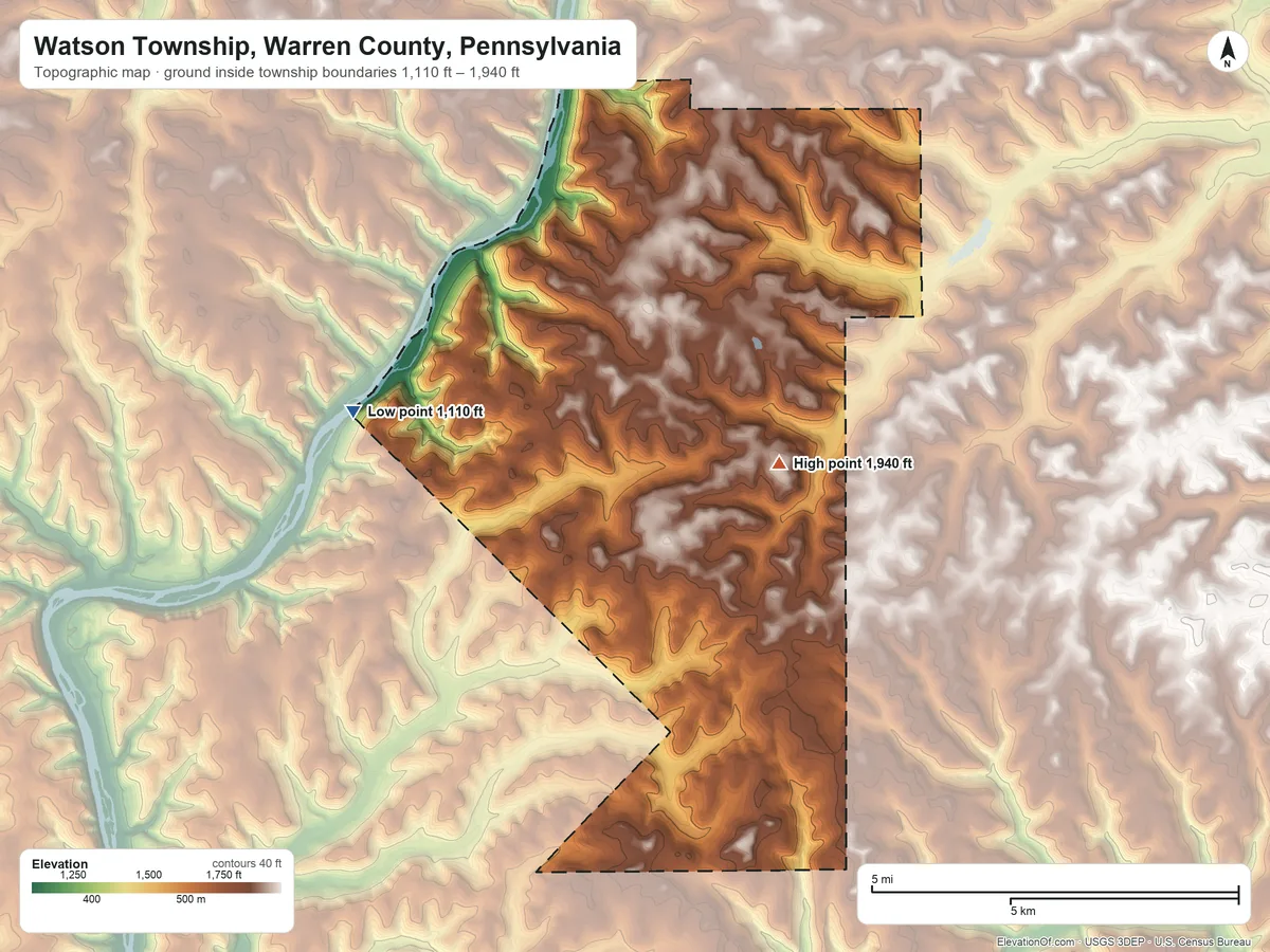 Topographic elevation map of Watson Township, Warren County, Pennsylvania, shaded from 1,110 ft on the west side to 1,940 ft on the southeast side