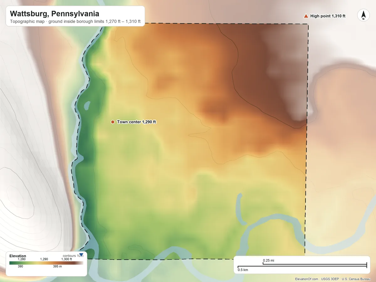 Topographic elevation map of Wattsburg, Pennsylvania, shaded from 1,270 ft on the south side to 1,310 ft on the northeast side