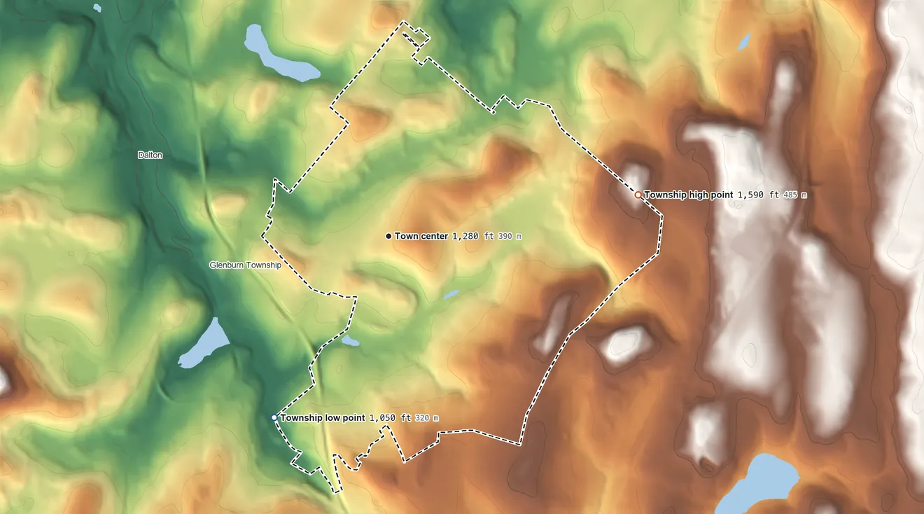 Topographic elevation map of Waverly Township, Pennsylvania, shaded from 1,050 ft on the southwest side to 1,590 ft on the east side