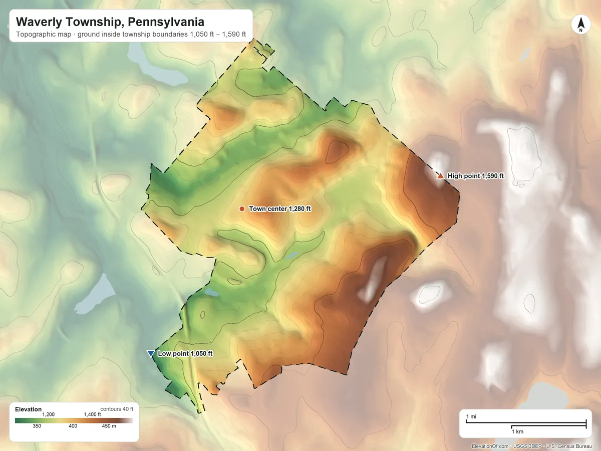 Topographic elevation map of Waverly Township, Pennsylvania, shaded from 1,050 ft on the southwest side to 1,590 ft on the east side