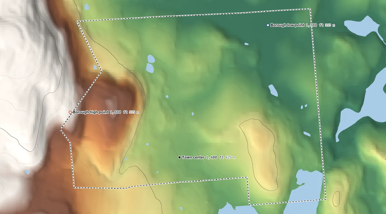 Topographic elevation map of Waymart, Pennsylvania, shaded from 1,300 ft on the northeast side to 1,880 ft at the foot of the Moosic Mountains