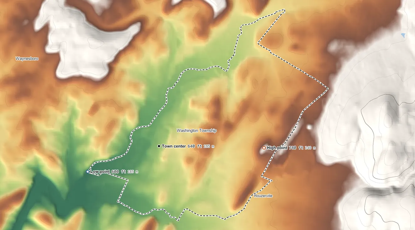 Topographic elevation map of Wayne Heights, Pennsylvania, shaded from 600 ft on the west side to 780 ft at the foot of the South Mountain