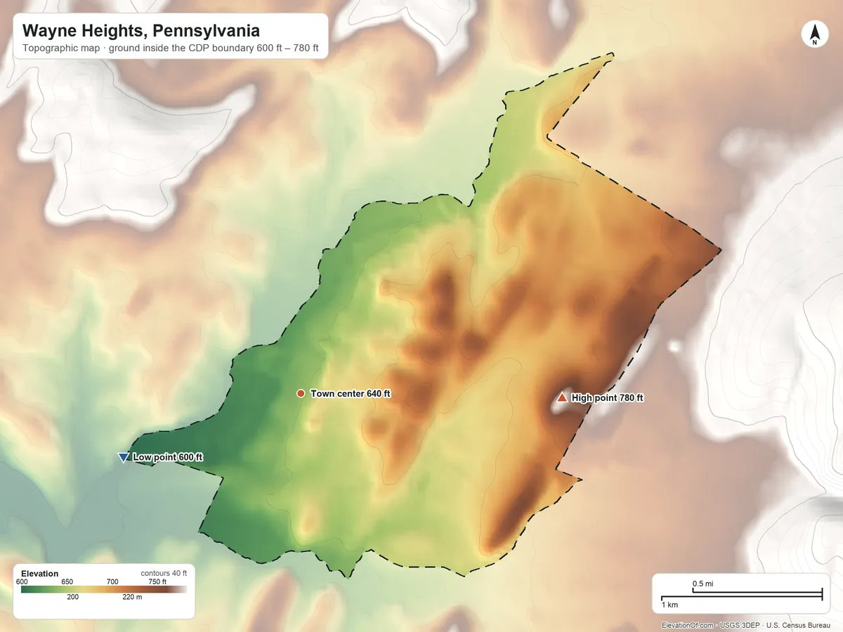 Topographic elevation map of Wayne Heights, Pennsylvania, shaded from 600 ft on the west side to 780 ft at the foot of the South Mountain