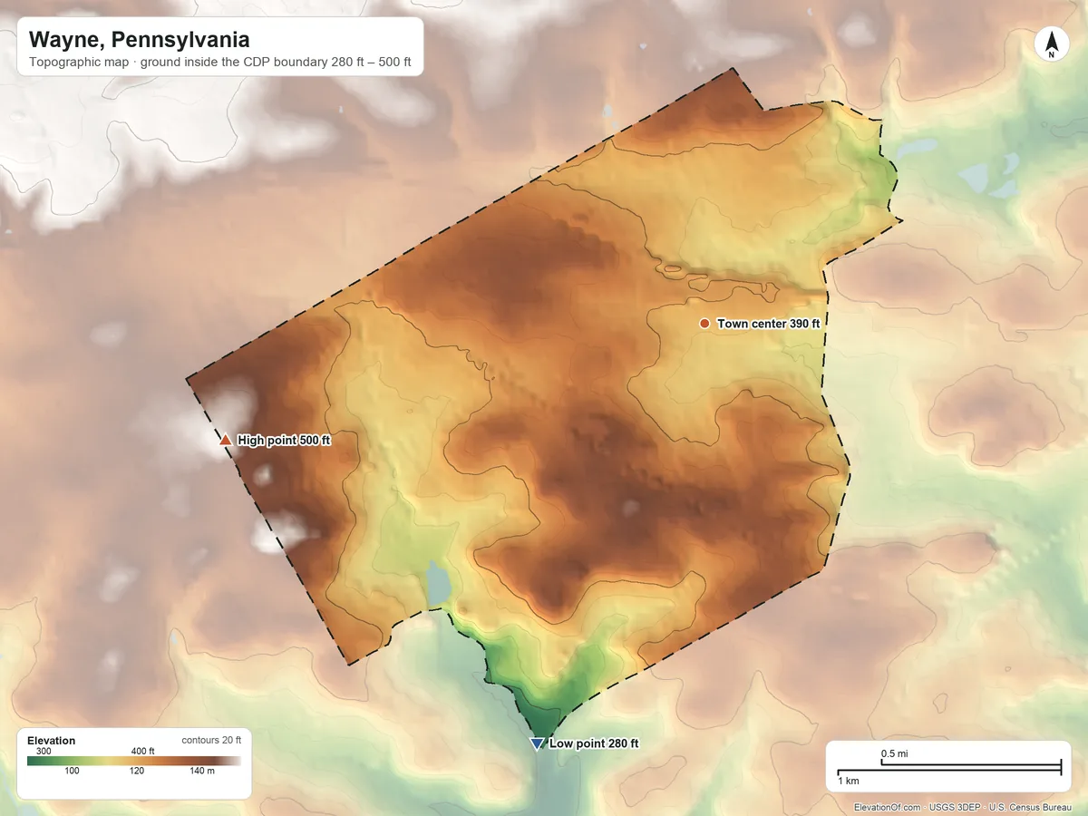 Topographic elevation map of Wayne, Pennsylvania, shaded from 280 ft on the south side to 500 ft on the west side