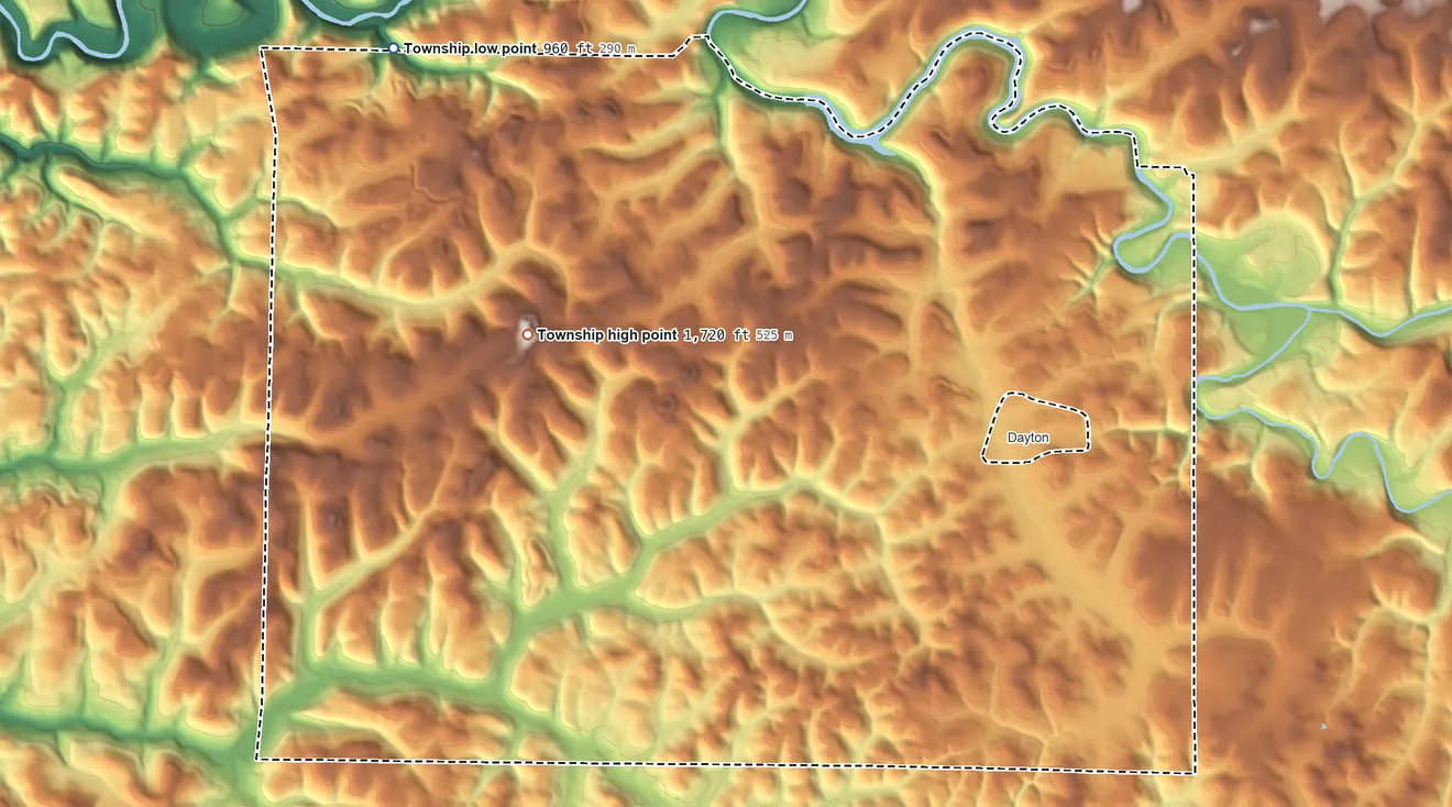 Topographic elevation map of Wayne Township, Armstrong County, Pennsylvania, shaded from 960 ft on the northwest side to 1,720 ft on the west side