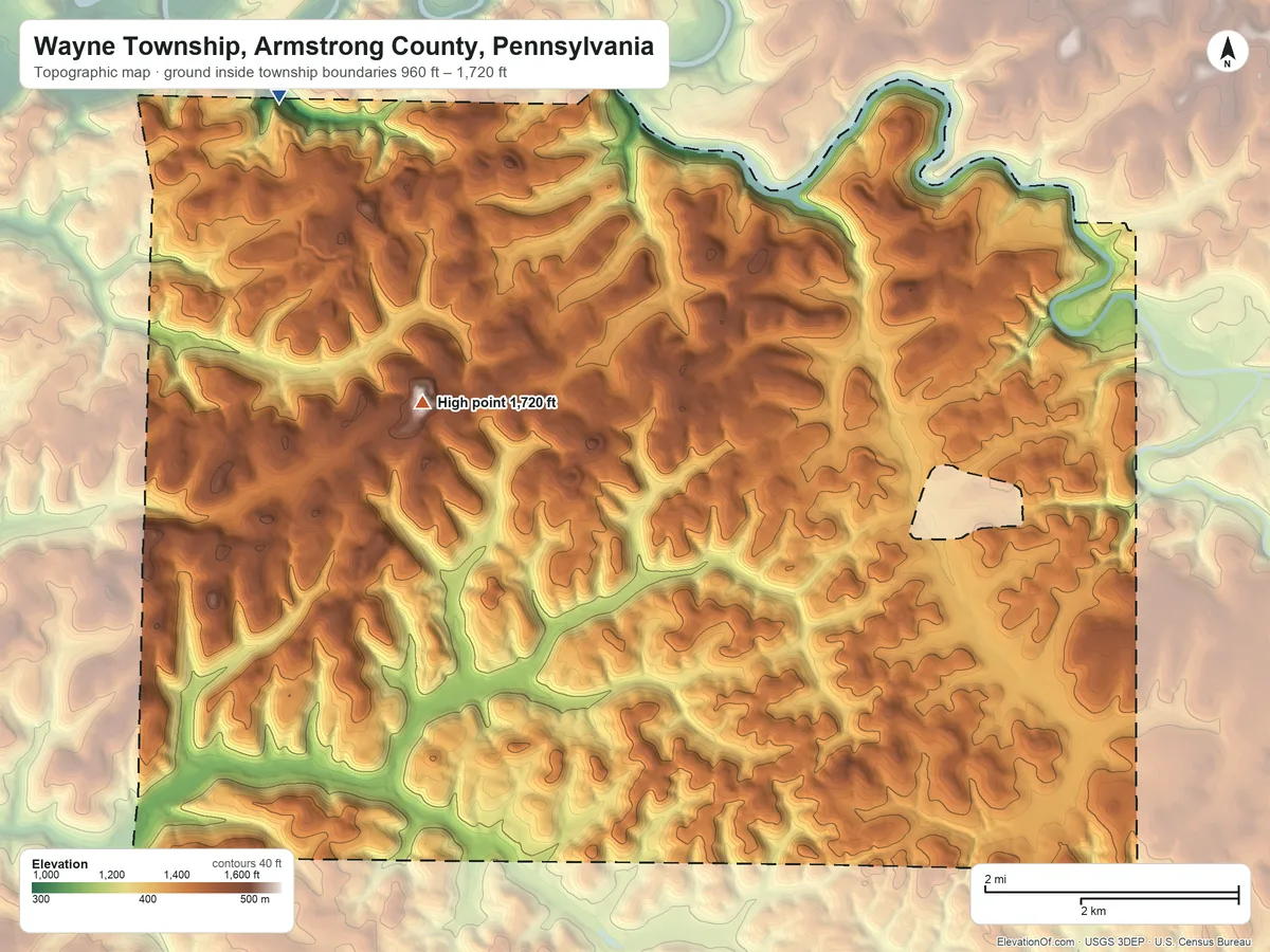 Topographic elevation map of Wayne Township, Armstrong County, Pennsylvania, shaded from 960 ft on the northwest side to 1,720 ft on the west side