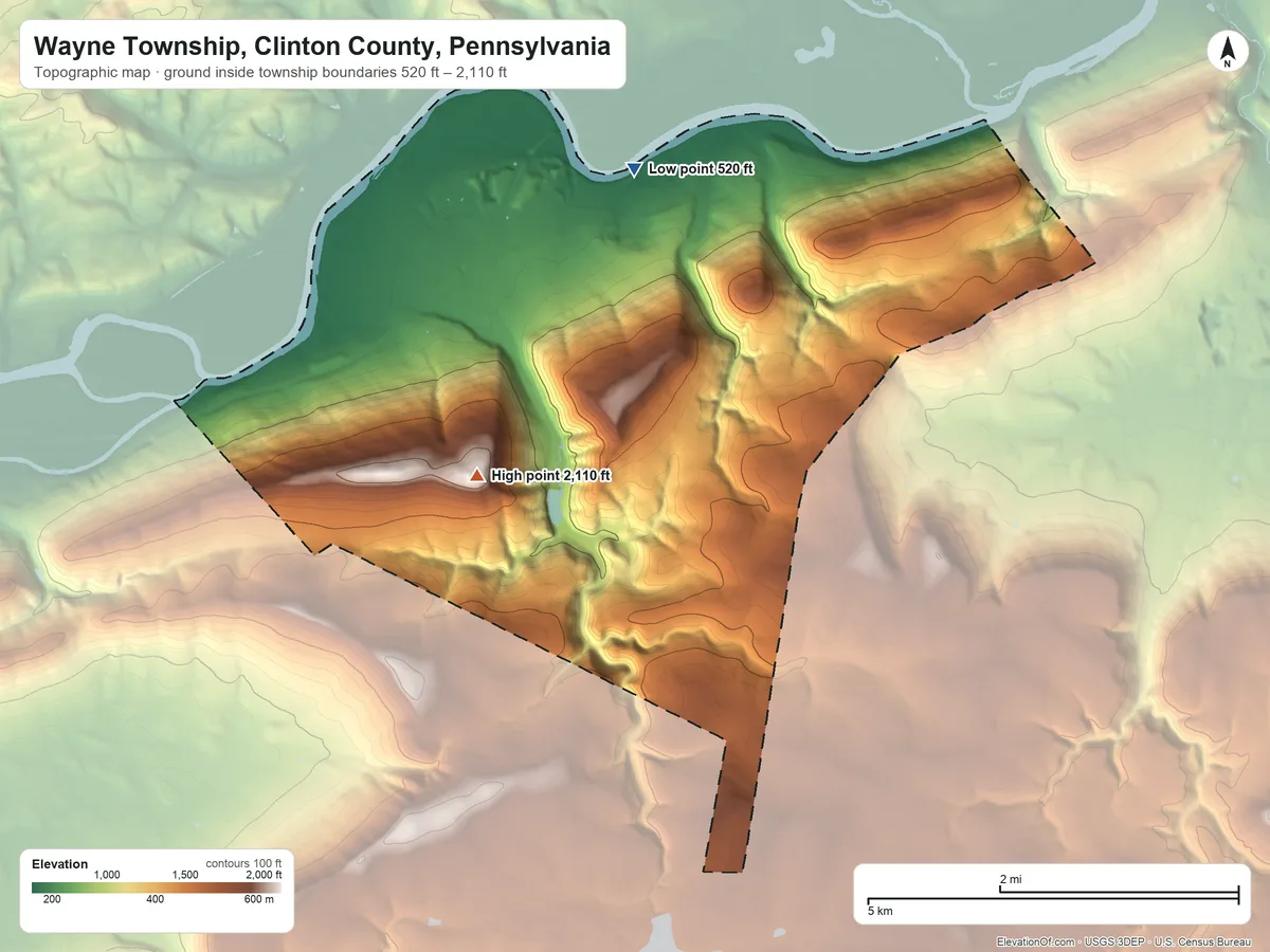 Topographic elevation map of Wayne Township, Clinton County, Pennsylvania, shaded from 520 ft on the northeast side to 2,110 ft on the south side