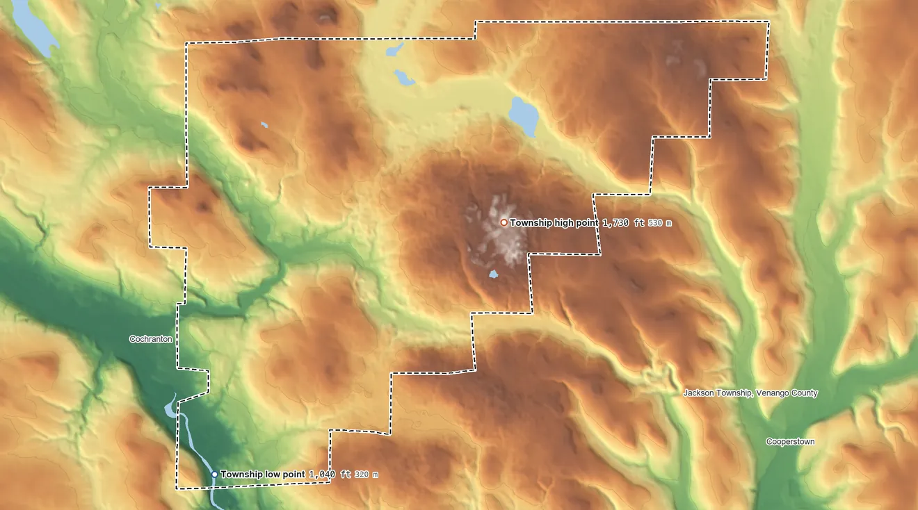Topographic elevation map of Wayne Township, Crawford County, Pennsylvania, shaded from 1,040 ft on the southwest side to 1,730 ft on the east side