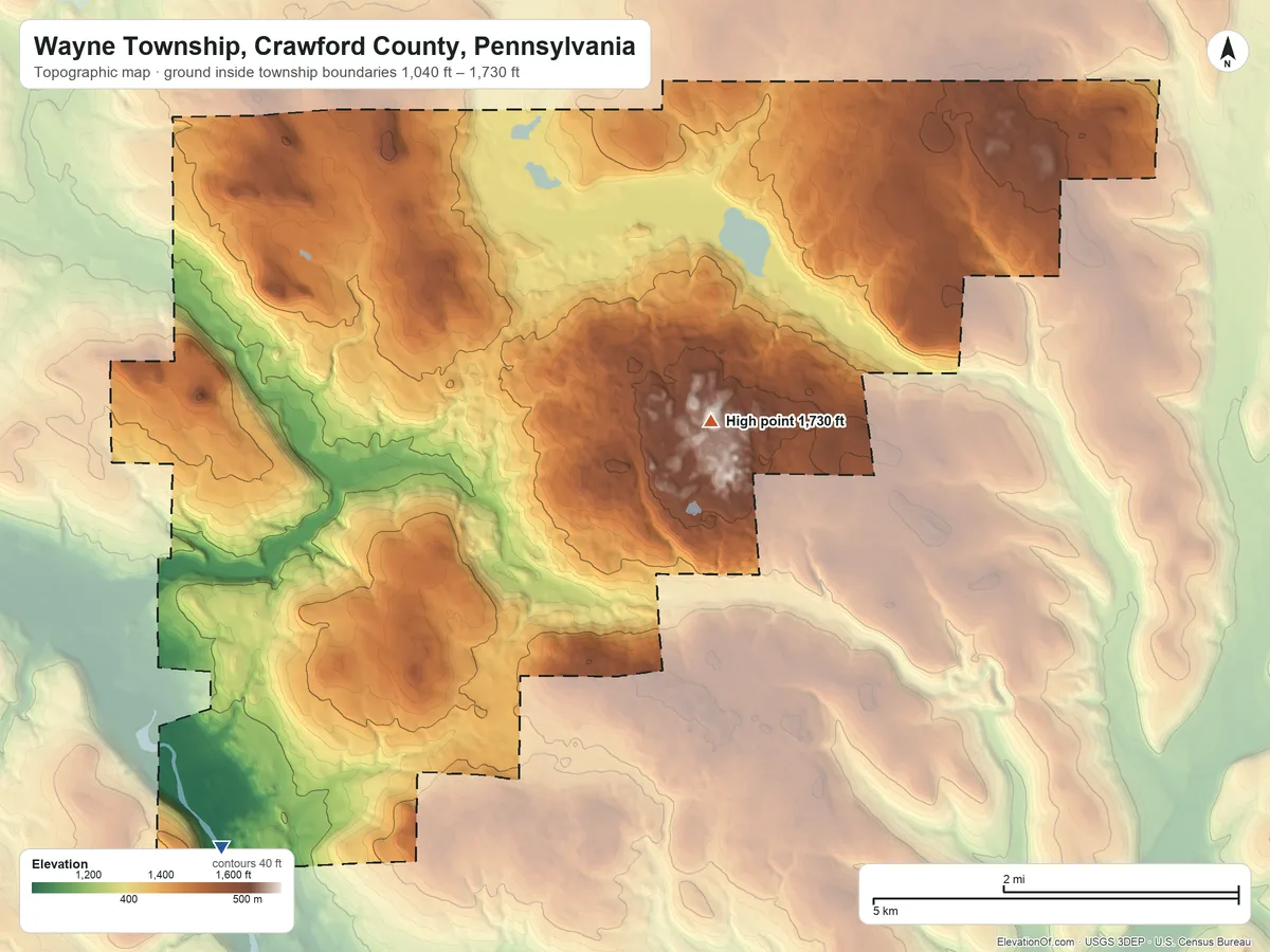 Topographic elevation map of Wayne Township, Crawford County, Pennsylvania, shaded from 1,040 ft on the southwest side to 1,730 ft on the east side