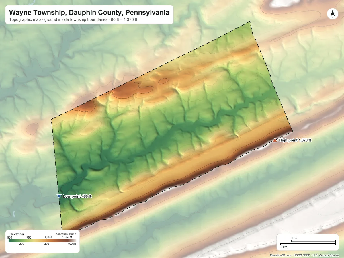 Topographic elevation map of Wayne Township, Dauphin County, Pennsylvania, shaded from 480 ft on the southwest side to 1,370 ft on the east side