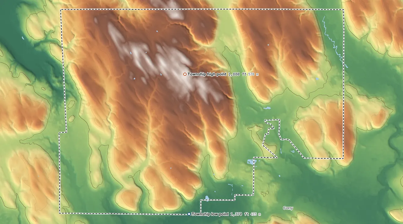 Topographic elevation map of Wayne Township, Erie County, Pennsylvania, shaded from 1,370 ft on the south side to 1,880 ft on the north side