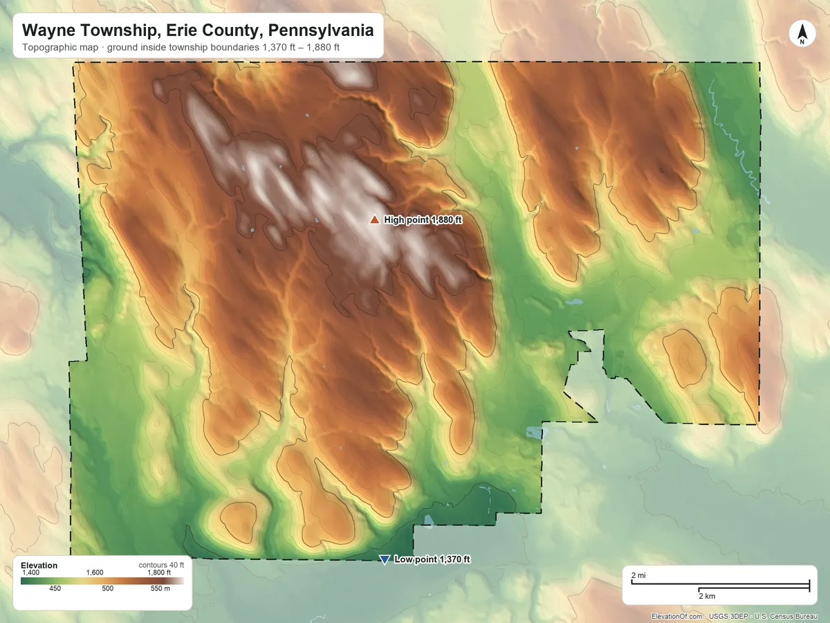 Topographic elevation map of Wayne Township, Erie County, Pennsylvania, shaded from 1,370 ft on the south side to 1,880 ft on the north side