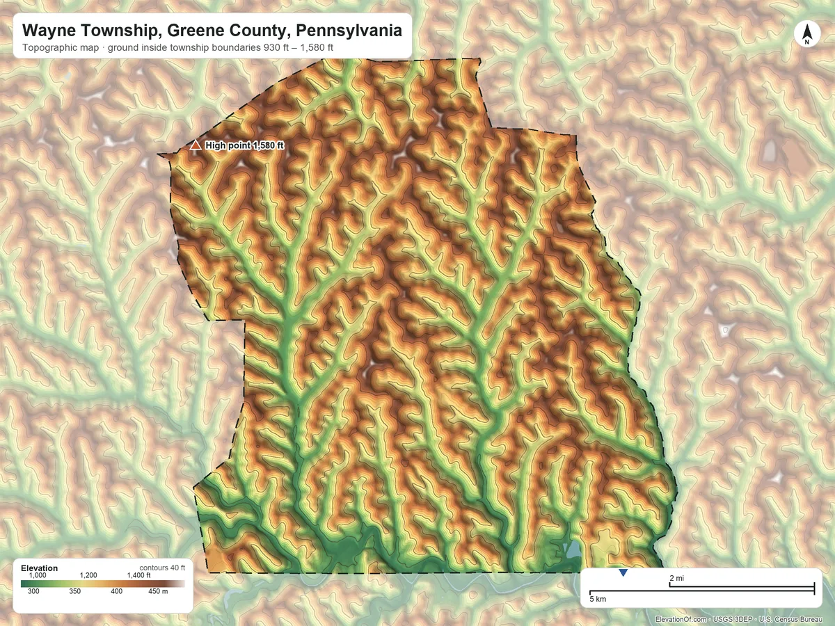 Topographic elevation map of Wayne Township, Greene County, Pennsylvania, shaded from 930 ft on the southeast side to 1,580 ft on the northwest side