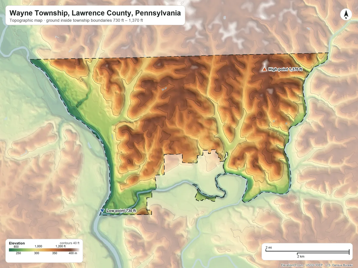 Topographic elevation map of Wayne Township, Lawrence County, Pennsylvania, shaded from 730 ft on the southwest side to 1,370 ft on the northeast side