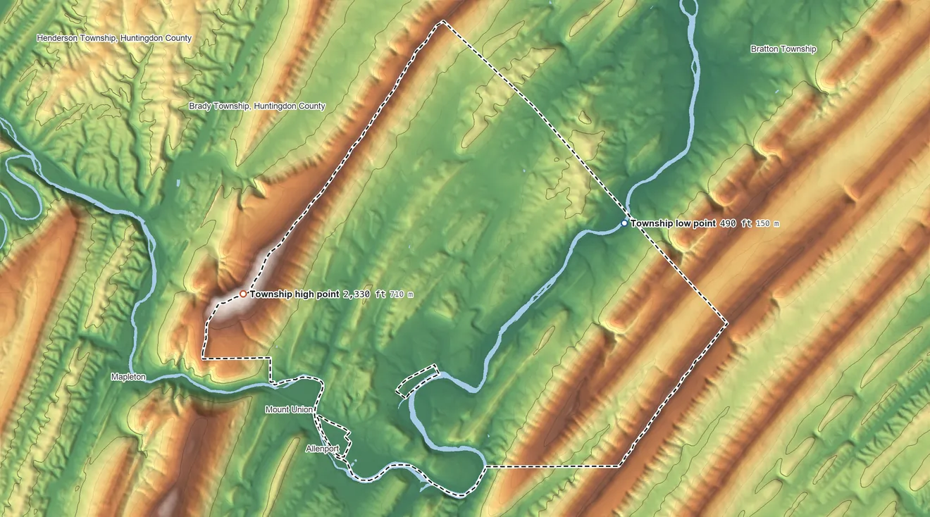 Topographic elevation map of Wayne Township, Mifflin County, Pennsylvania, shaded from 490 ft on the northeast side to 2,330 ft on the west side