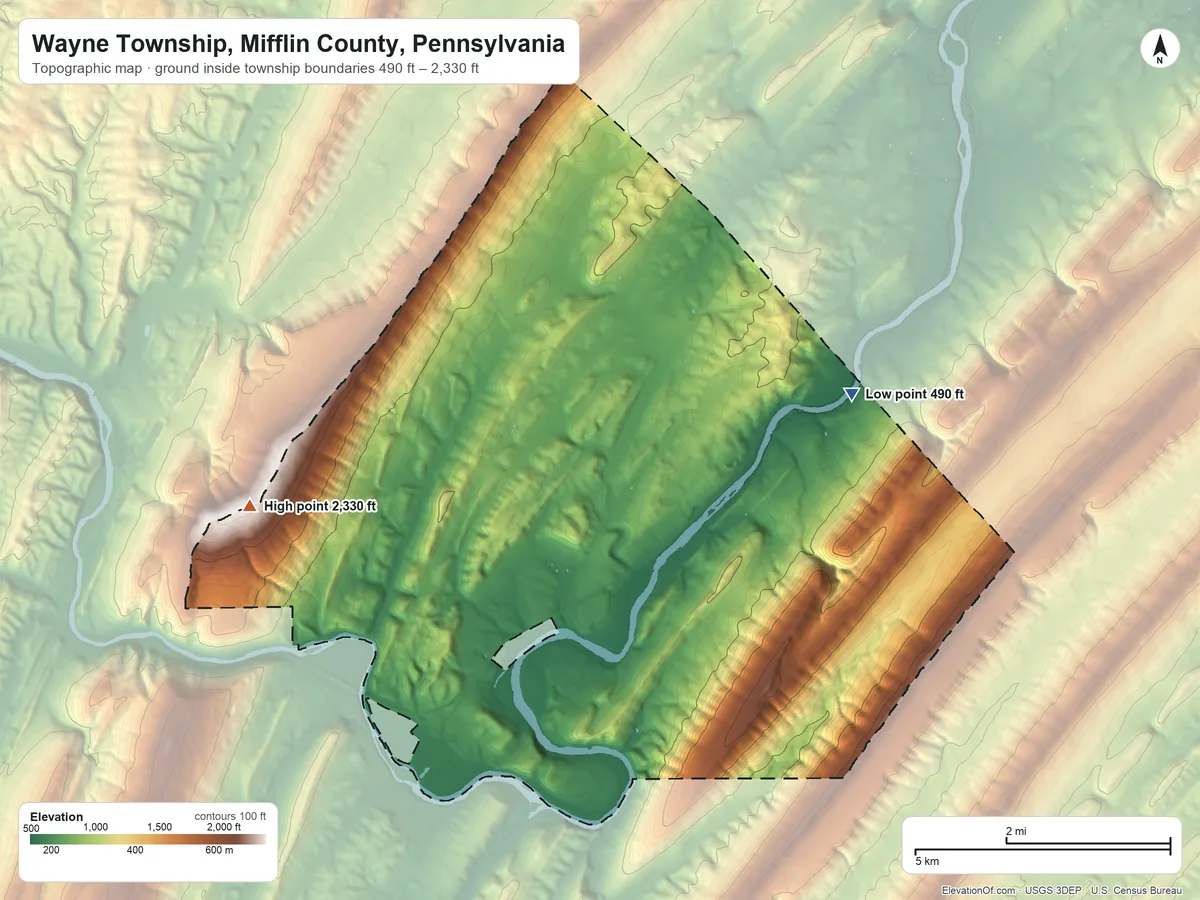 Topographic elevation map of Wayne Township, Mifflin County, Pennsylvania, shaded from 490 ft on the northeast side to 2,330 ft on the west side