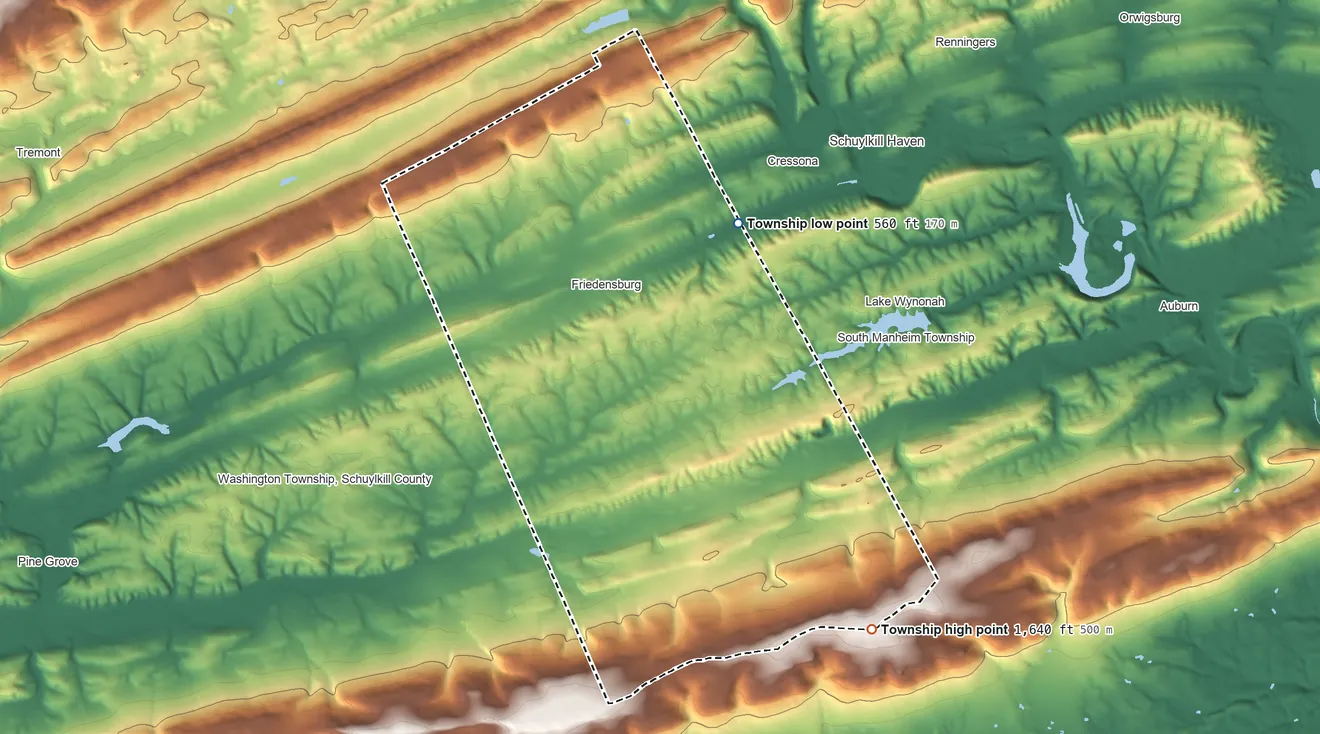 Topographic elevation map of Wayne Township, Pennsylvania, shaded from 560 ft on the north side to 1,640 ft on the southeast side