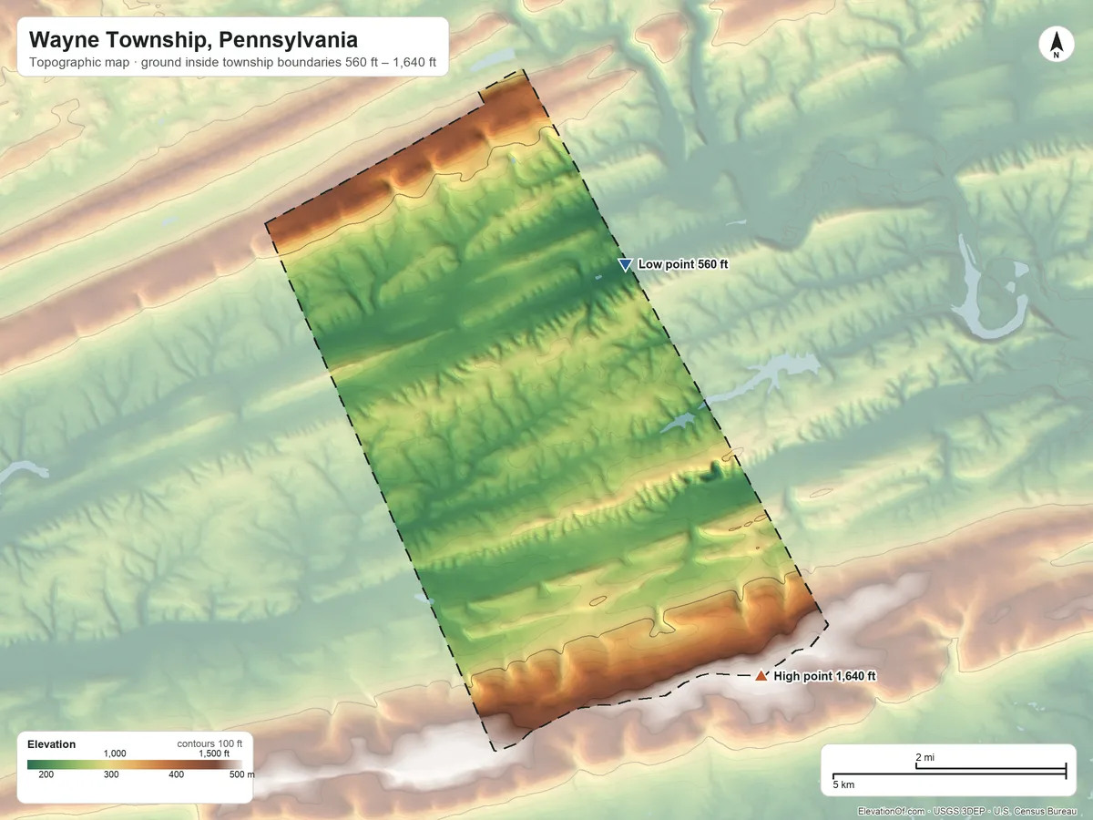 Topographic elevation map of Wayne Township, Pennsylvania, shaded from 560 ft on the north side to 1,640 ft on the southeast side