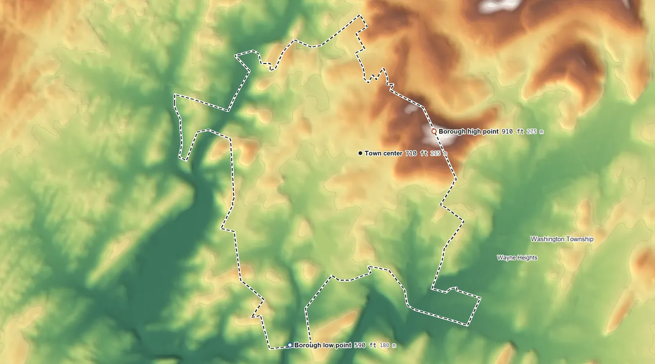 Topographic elevation map of Waynesboro, Pennsylvania, shaded from 590 ft on the south side to 910 ft on the east side