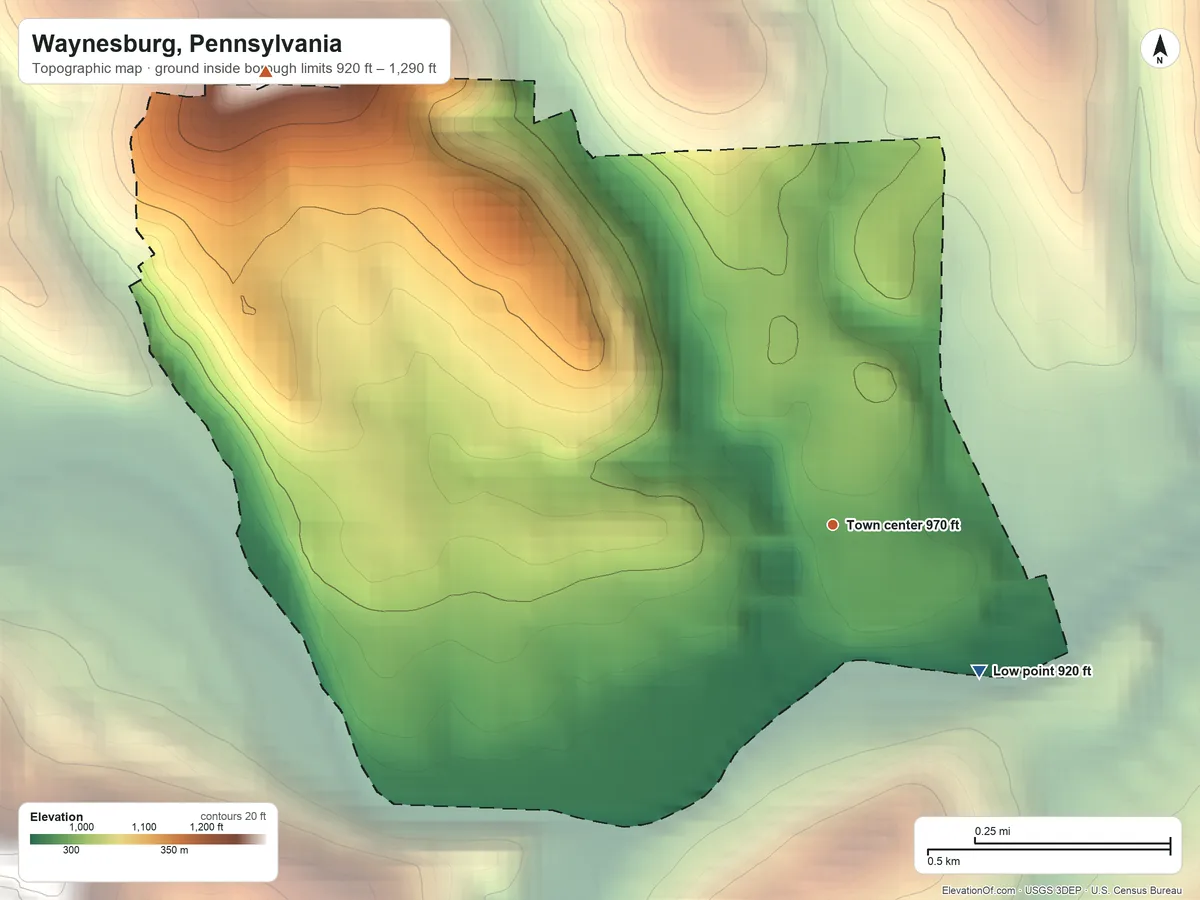Topographic elevation map of Waynesburg, Pennsylvania, shaded from 920 ft on the southeast side to 1,290 ft on the northwest side