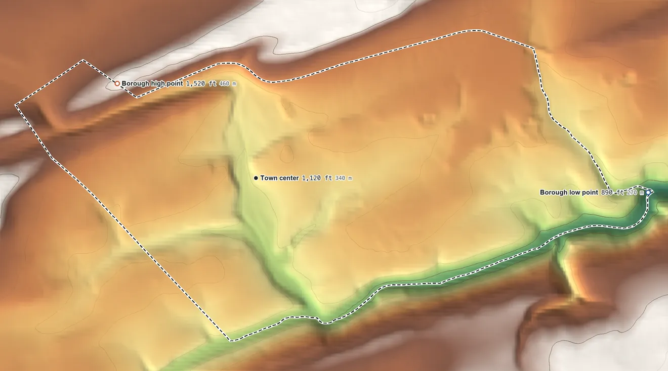 Topographic elevation map of Weatherly, Pennsylvania, shaded from 890 ft on the east side to 1,520 ft on the northwest side