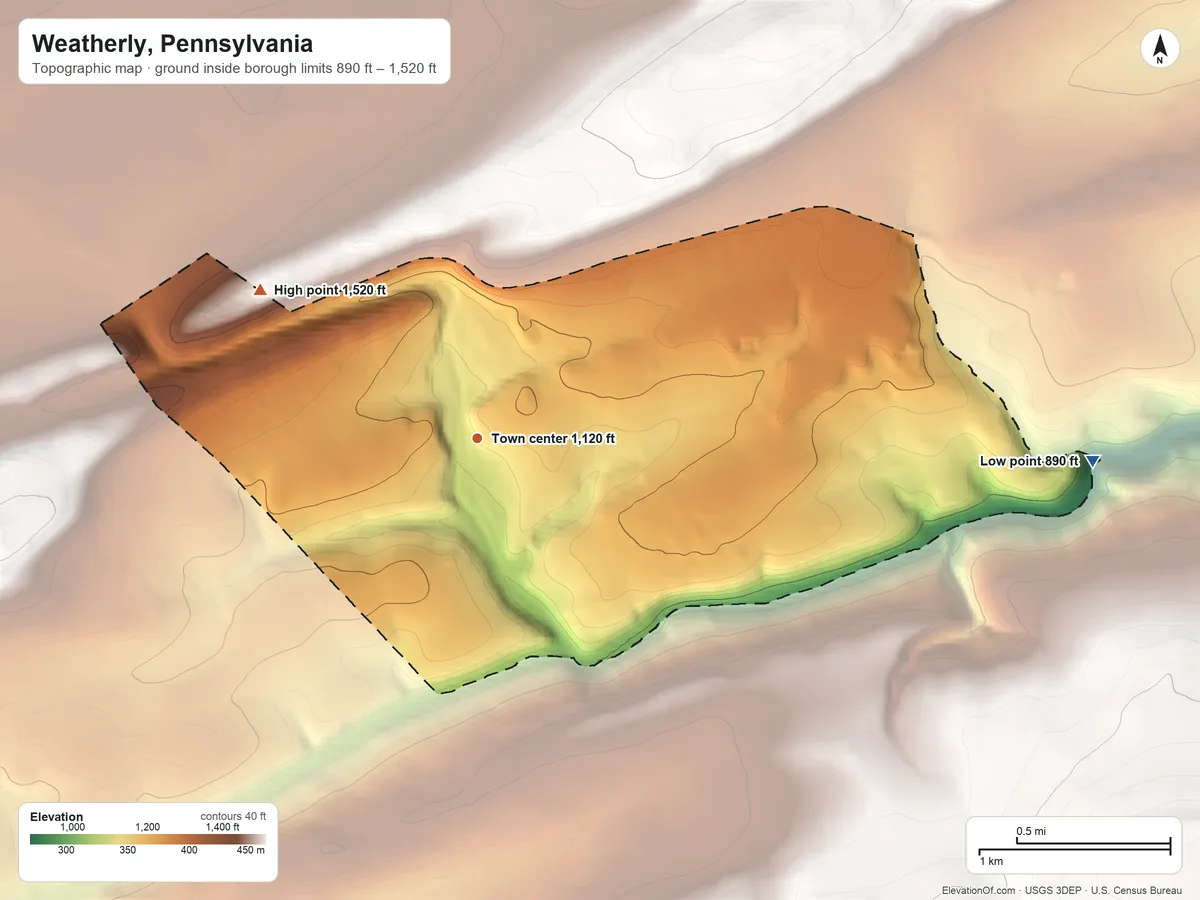 Topographic elevation map of Weatherly, Pennsylvania, shaded from 890 ft on the east side to 1,520 ft on the northwest side