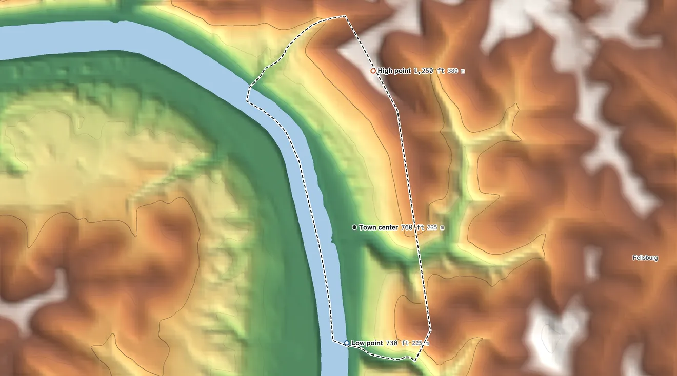 Topographic elevation map of Webster, Pennsylvania, shaded from 730 ft on the south side to 1,250 ft on the north side
