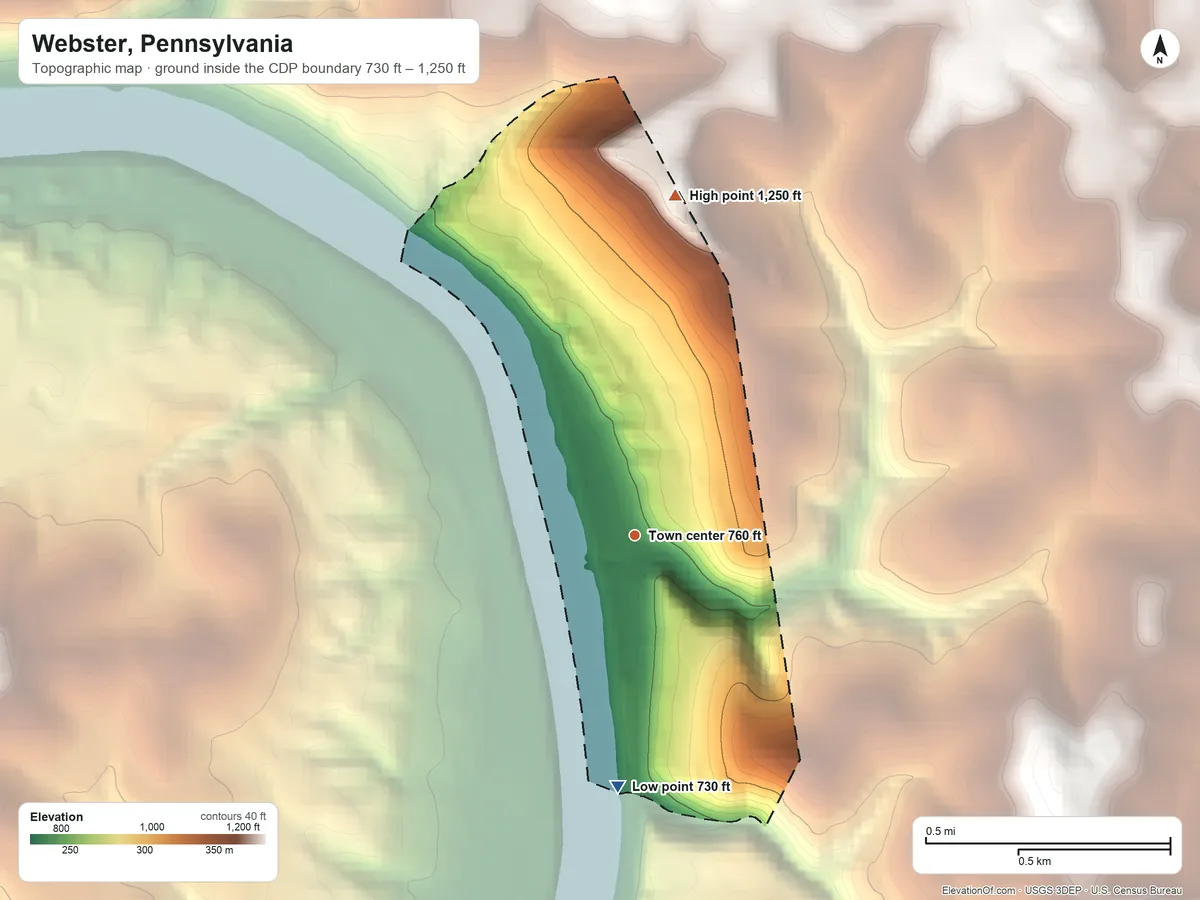 Topographic elevation map of Webster, Pennsylvania, shaded from 730 ft on the south side to 1,250 ft on the north side