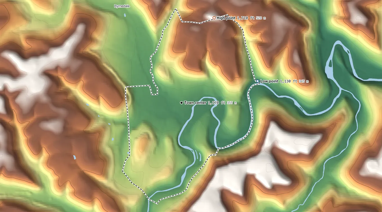 Topographic elevation map of Weedville, Pennsylvania, shaded from 1,130 ft on the east side to 1,710 ft on the north side