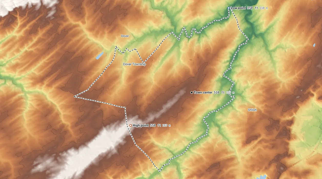 Topographic elevation map of Weigelstown, Pennsylvania, shaded from 350 ft on the northeast side to 550 ft on the southwest side