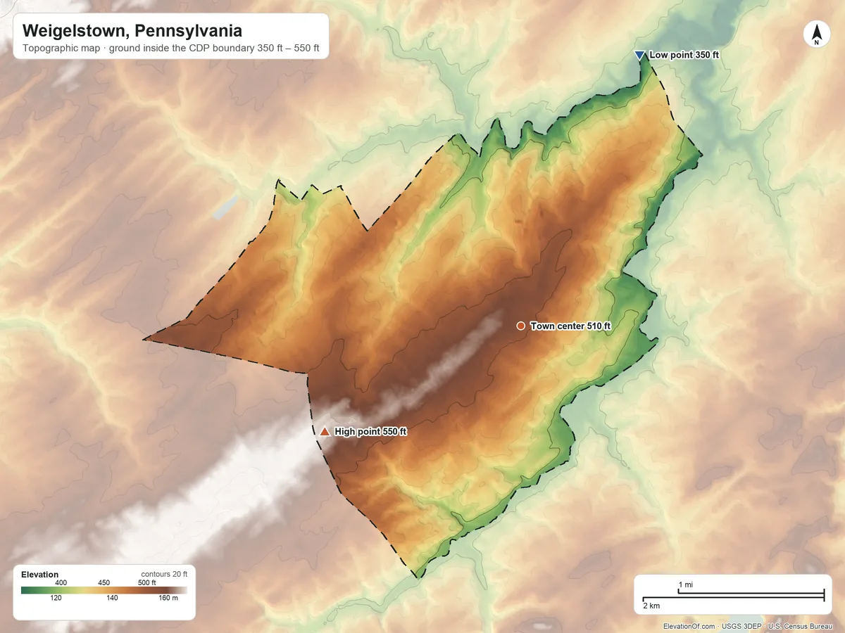 Topographic elevation map of Weigelstown, Pennsylvania, shaded from 350 ft on the northeast side to 550 ft on the southwest side