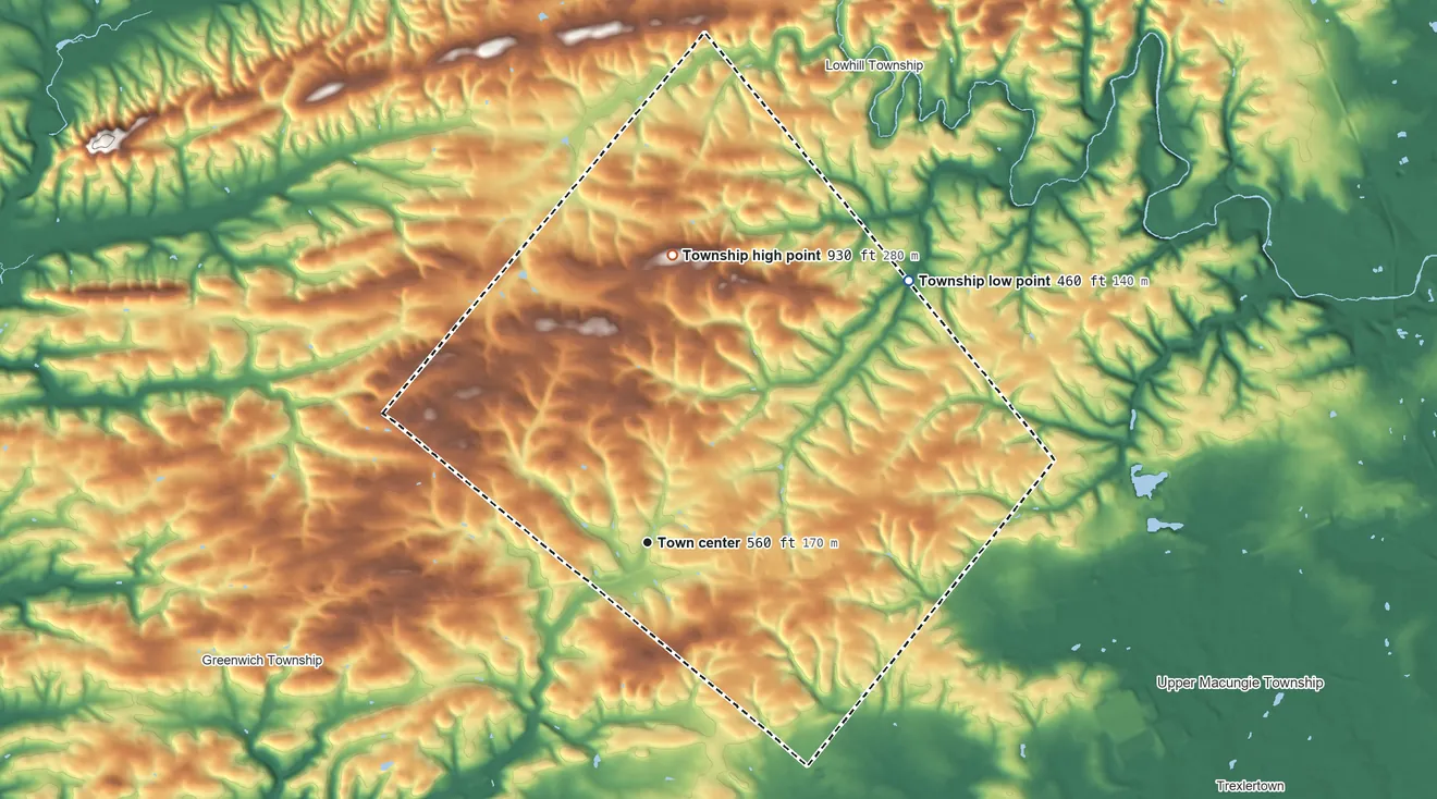 Topographic elevation map of Weisenberg Township, Pennsylvania, shaded from 460 ft on the northeast side to 930 ft on the north side