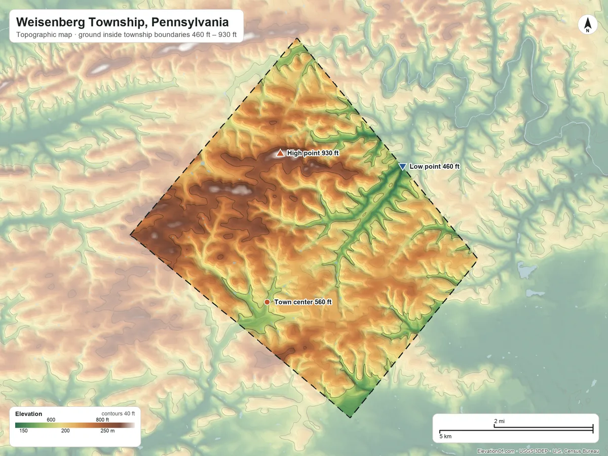 Topographic elevation map of Weisenberg Township, Pennsylvania, shaded from 460 ft on the northeast side to 930 ft on the north side