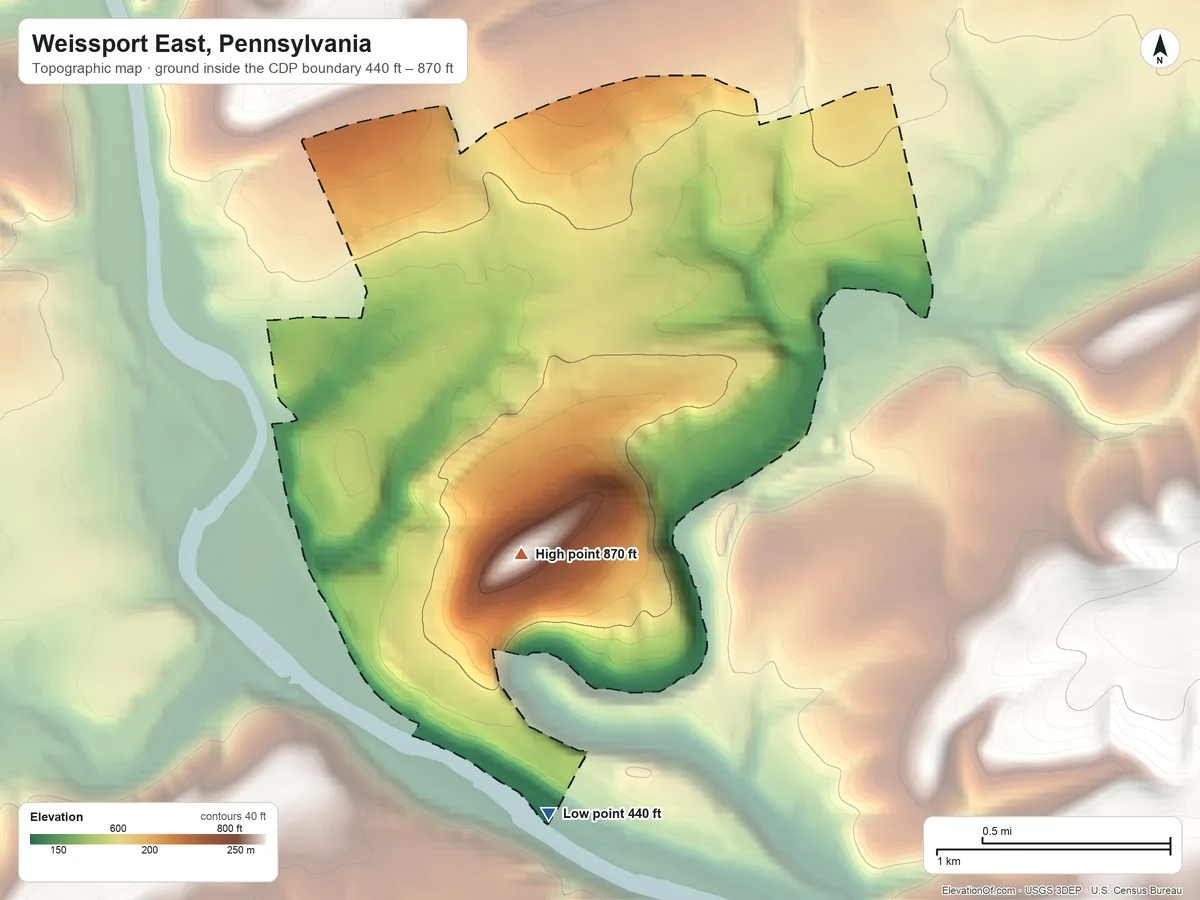 Topographic elevation map of Weissport East, Pennsylvania, shaded from 440 ft on the south side to 870 ft on the southeast side