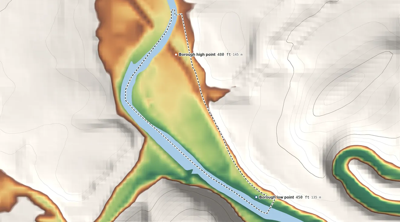 Topographic elevation map of Weissport, Pennsylvania, shaded from 450 ft on the southeast side to 480 ft at the foot of the Indian Hills