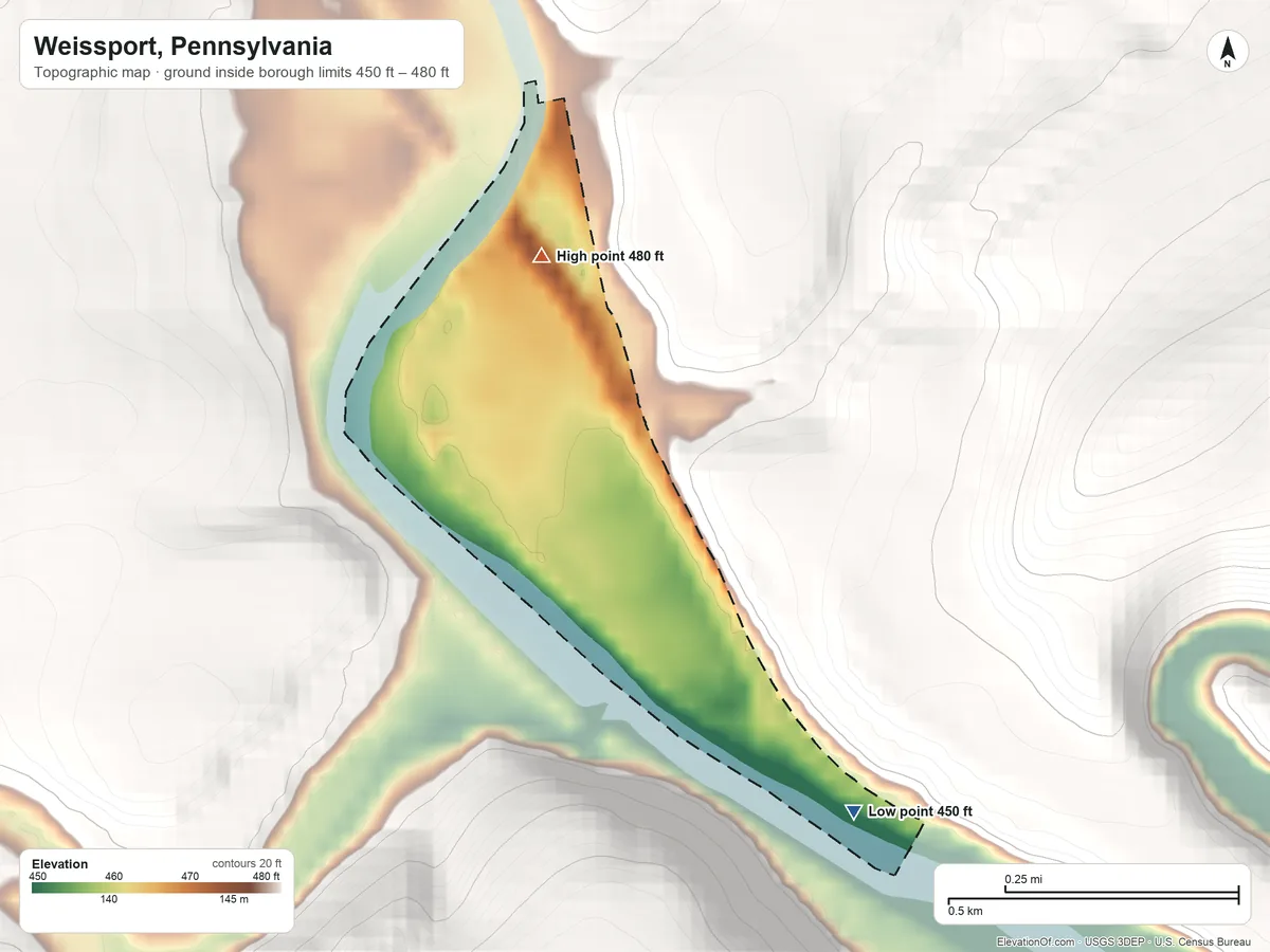 Topographic elevation map of Weissport, Pennsylvania, shaded from 450 ft on the southeast side to 480 ft at the foot of the Indian Hills