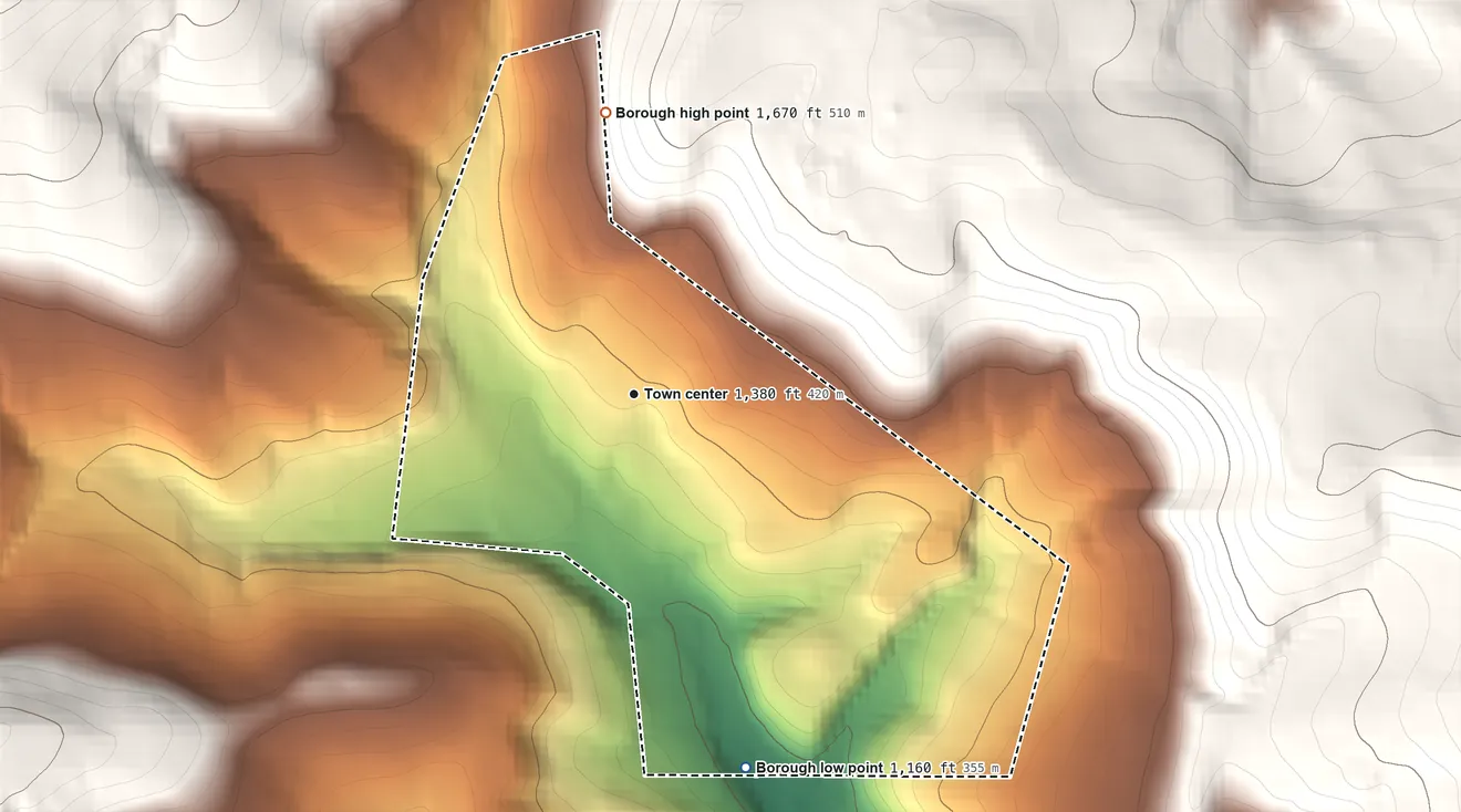 Topographic elevation map of Wellersburg, Pennsylvania, shaded from 1,160 ft on the south side to 1,670 ft on the north edge, below higher ground just outside