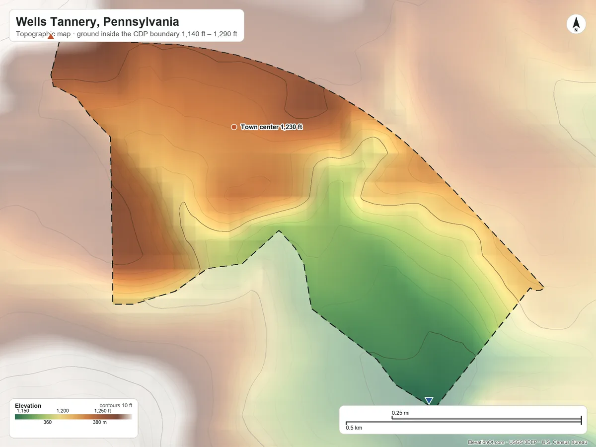 Topographic elevation map of Wells Tannery, Pennsylvania, shaded from 1,140 ft on the southeast side to 1,290 ft at the foot of the Appalachian Mountains