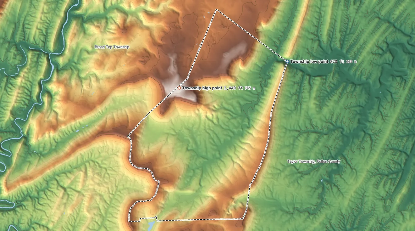Topographic elevation map of Wells Township, Fulton County, Pennsylvania, shaded from 870 ft on the northeast side to 2,440 ft on Rays Hill