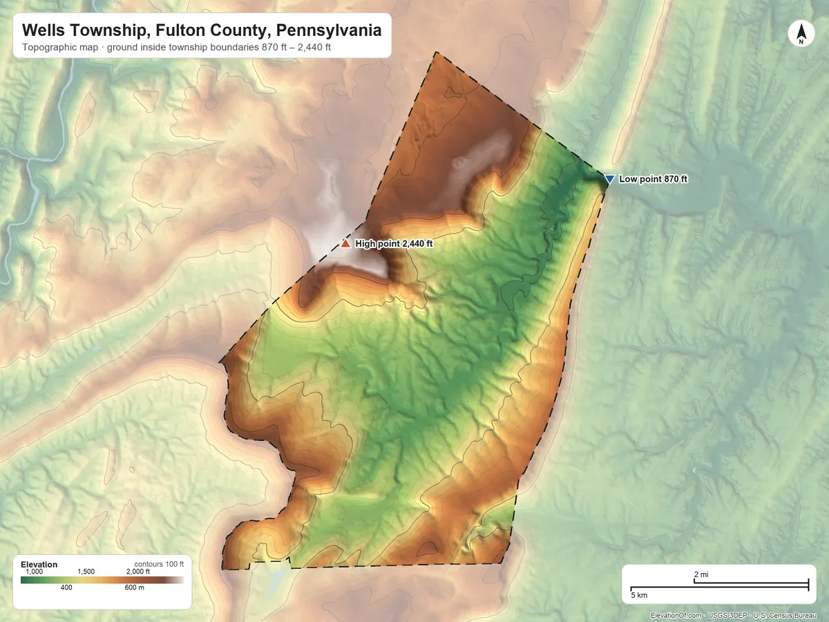 Topographic elevation map of Wells Township, Fulton County, Pennsylvania, shaded from 870 ft on the northeast side to 2,440 ft on Rays Hill
