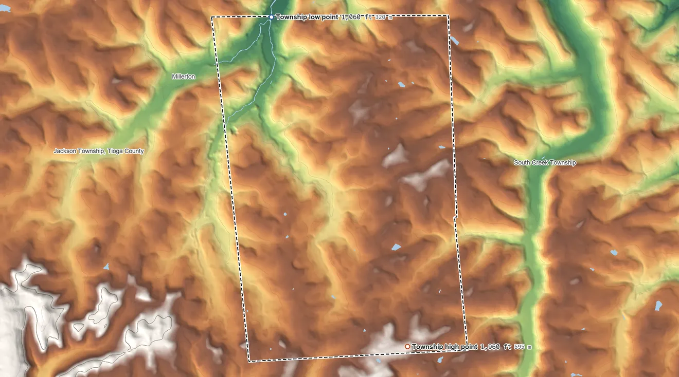 Topographic elevation map of Wells Township, Pennsylvania, shaded from 1,060 ft on the northwest side to 1,960 ft on the south side