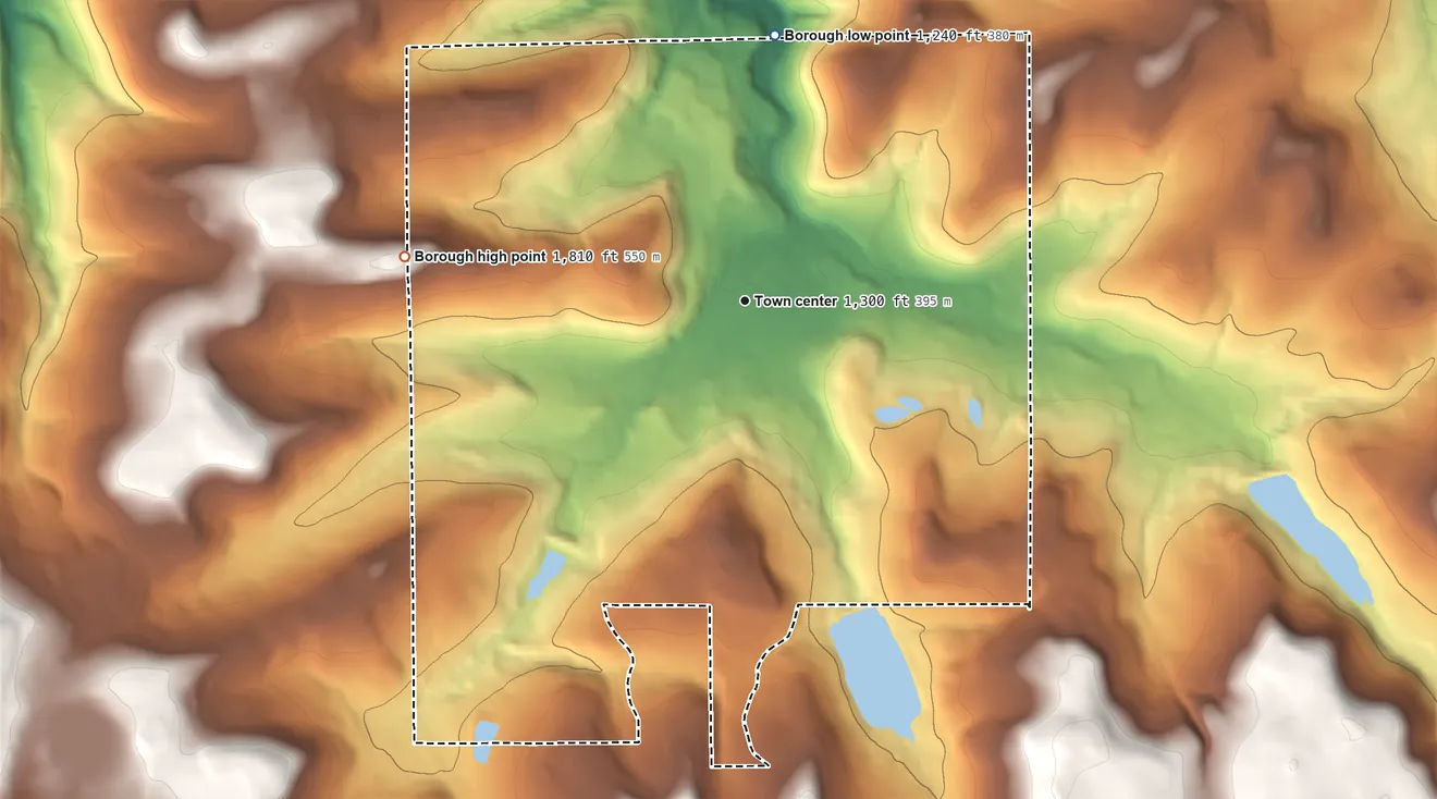 Topographic elevation map of Wellsboro, Pennsylvania, shaded from 1,240 ft on the north side to 1,810 ft on the west side
