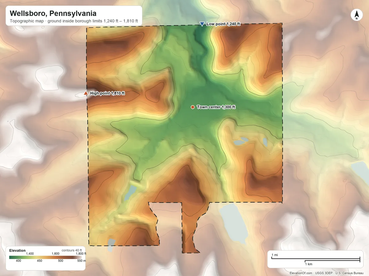 Topographic elevation map of Wellsboro, Pennsylvania, shaded from 1,240 ft on the north side to 1,810 ft on the west side
