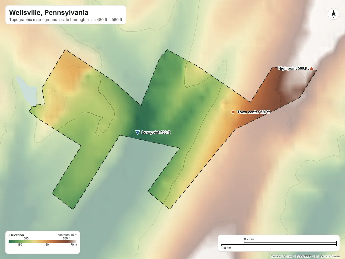 Topographic elevation map of Wellsville, Pennsylvania, shaded from 480 ft on the west side to 560 ft on the northeast side
