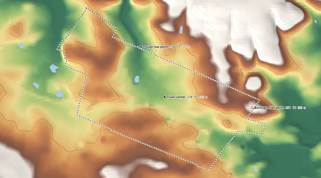 Topographic elevation map of Wernersville, Pennsylvania, shaded from 350 ft on the northwest side to 450 ft at the foot of the South Mountain