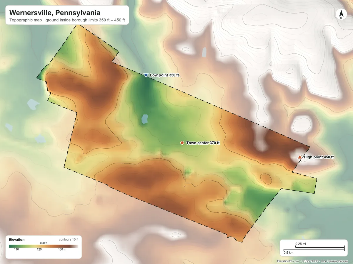Topographic elevation map of Wernersville, Pennsylvania, shaded from 350 ft on the northwest side to 450 ft at the foot of the South Mountain