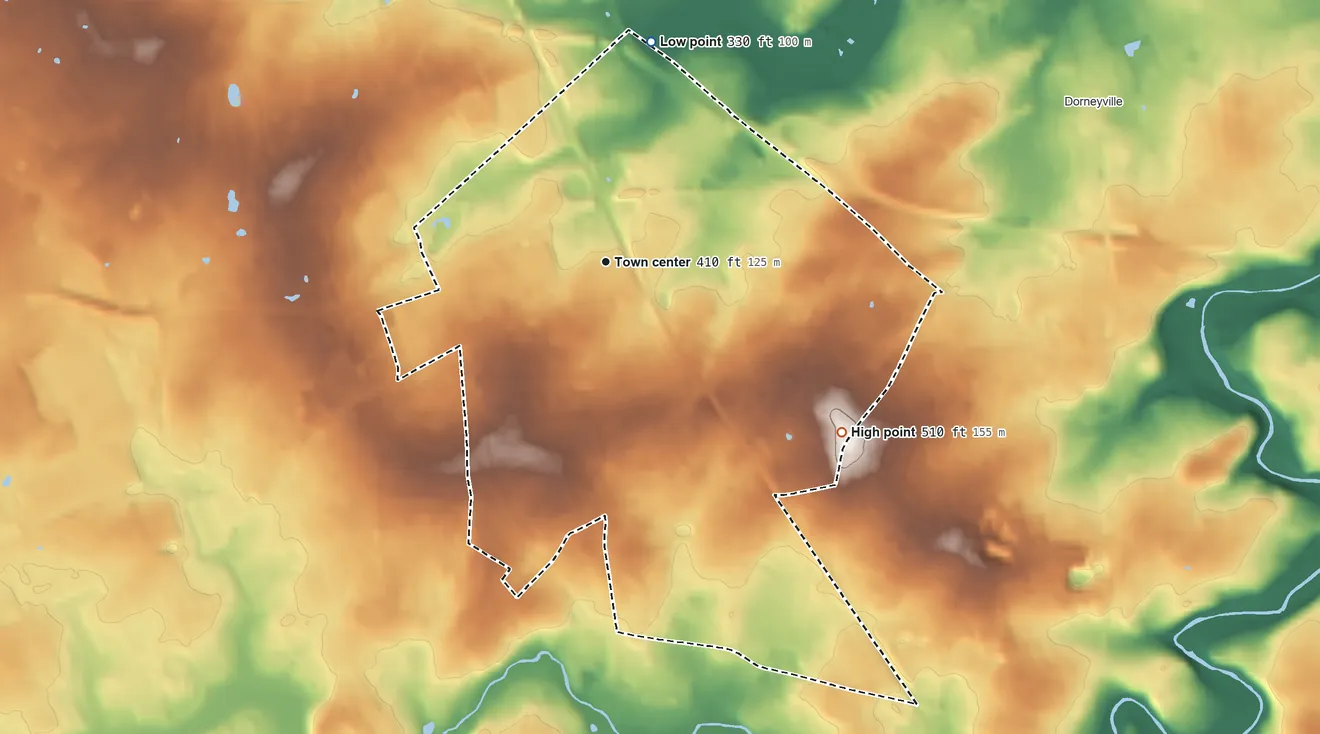 Topographic elevation map of Wescosville, Pennsylvania, shaded from 330 ft on the north side to 510 ft on the southeast side